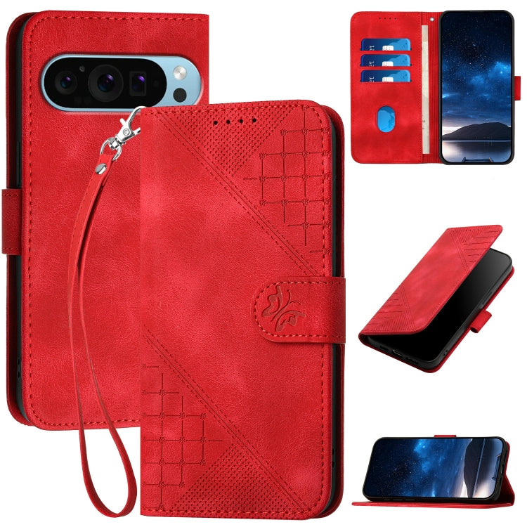 For Google Pixel 9 Pro XL YX0080 Grid Butterfly Embossed Pattern Flip Leather Phone Case with Lanyard(Red) - Google Cases by PMC Jewellery | Online Shopping South Africa | PMC Jewellery | Buy Now Pay Later Mobicred