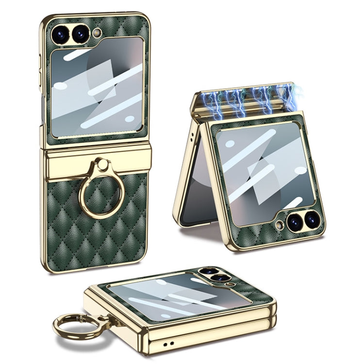 For Samsung Galaxy Z Flip6 GKK Rhombus Pattern Integrated Electroplated Leather Phone Case with Ring(Dark Green) - Galaxy Z Flip6 5G Cases by GKK | Online Shopping South Africa | PMC Jewellery | Buy Now Pay Later Mobicred