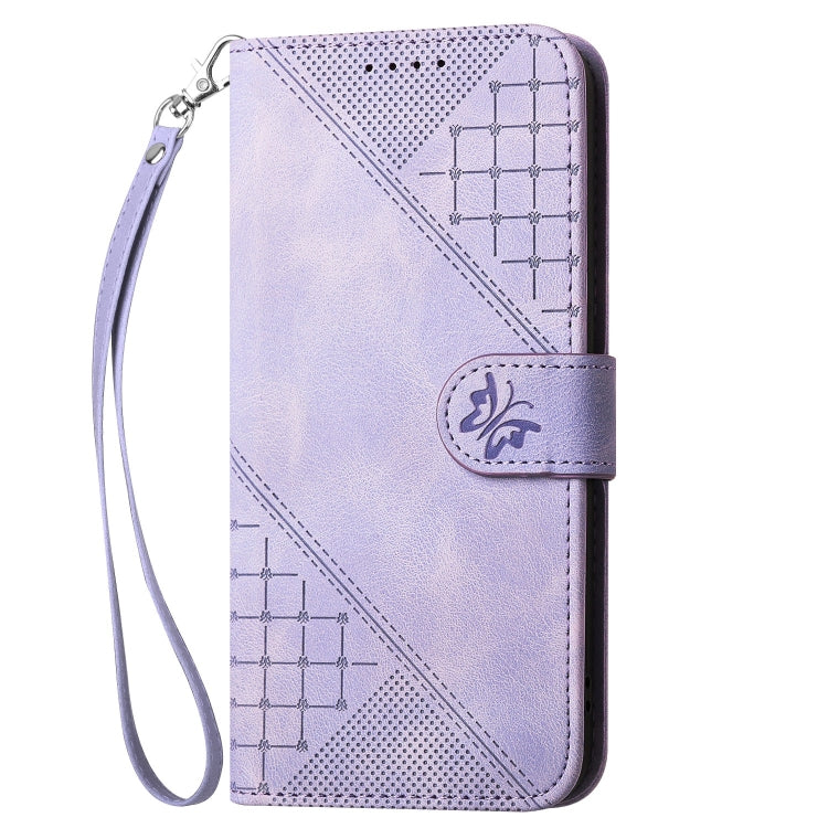 For Huawei Pura 70 YX0080 Grid Butterfly Embossed Pattern Flip Leather Phone Case with Lanyard(Light Purple) - Huawei Cases by PMC Jewellery | Online Shopping South Africa | PMC Jewellery | Buy Now Pay Later Mobicred