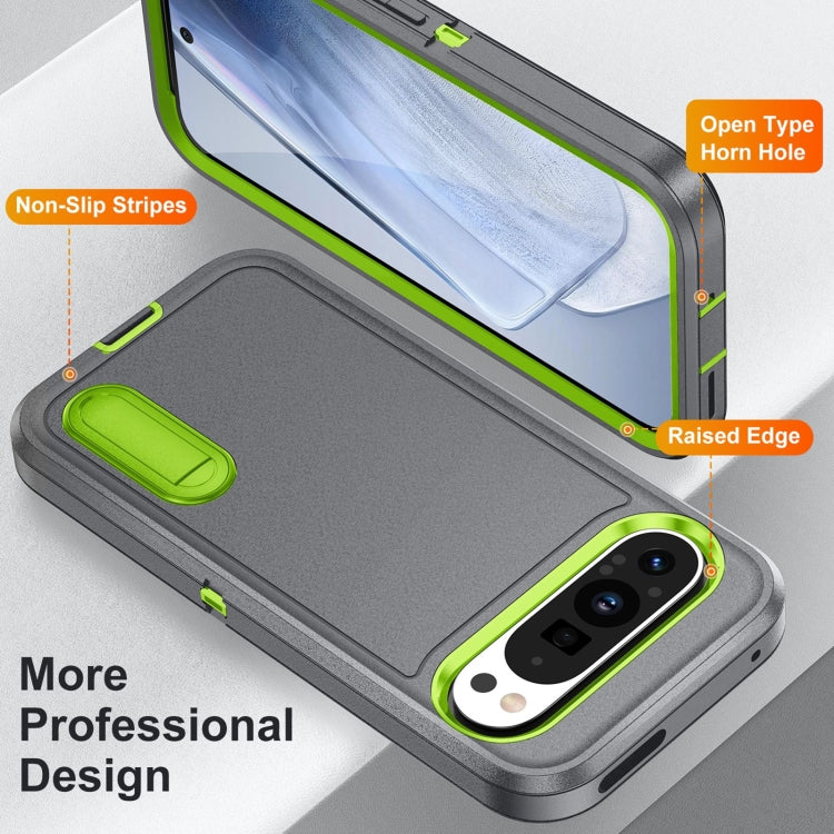 For Google Pixel 9 Pro Rugged PC + Silicone Phone Case with Holder(Grey+Fresh Green) - Google Cases by PMC Jewellery | Online Shopping South Africa | PMC Jewellery | Buy Now Pay Later Mobicred