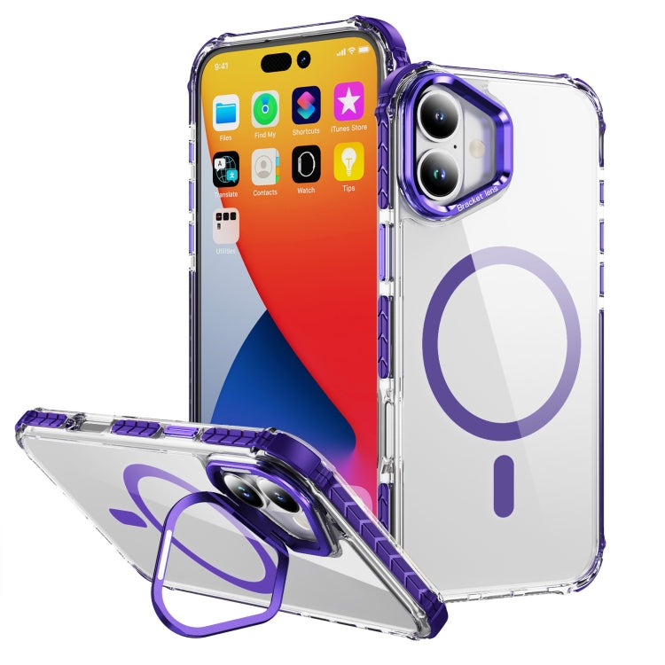 For iPhone 16 Rainbow Series Transparent MagSafe Lens Holder Phone Case(Purple) - iPhone 16 Cases by PMC Jewellery | Online Shopping South Africa | PMC Jewellery | Buy Now Pay Later Mobicred