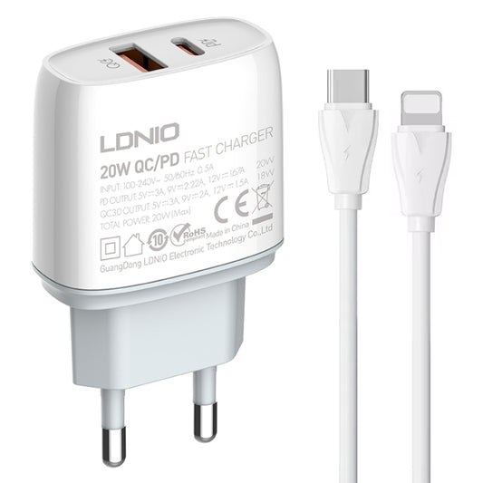 LDNIO Q229 QC3.0 / PD20W USB + Type-C Fast Charger with 1m Type-C to 8 Pin Cable, Plug Type:EU Plug(White) - USB Charger by LDNIO | Online Shopping South Africa | PMC Jewellery | Buy Now Pay Later Mobicred