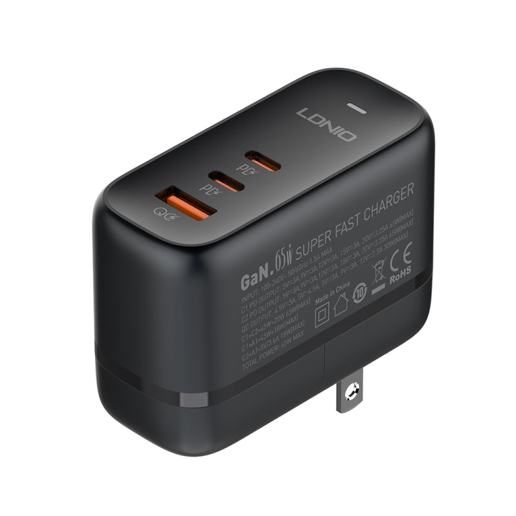 LDNIO Q366 65W USB + Dual Type-C Port Charger with 1m USB-C / Type-C to USB-C / Type-C Data Cable, Plug Type:US Plug(Black) - free shipping - PMC Jewellery - Order now!