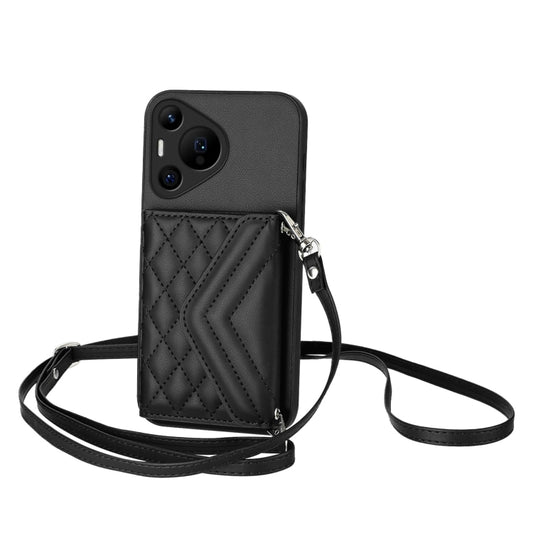 For Huawei Pura 70 Pro / 70 Pro+ Rhombic Texture Card Bag RFID Phone Case with Long Lanyard(Black) - Huawei Cases by PMC Jewellery | Online Shopping South Africa | PMC Jewellery | Buy Now Pay Later Mobicred