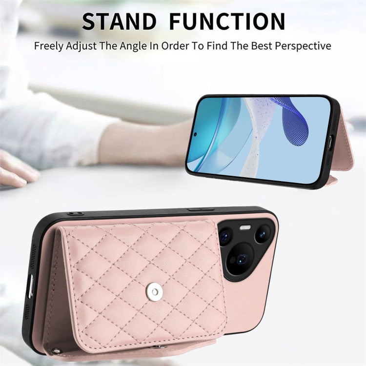 For Huawei Pura 70 Ultra Rhombic Texture Card Bag RFID Phone Case with Long Lanyard(Rose Gold) - Huawei Cases by PMC Jewellery | Online Shopping South Africa | PMC Jewellery | Buy Now Pay Later Mobicred