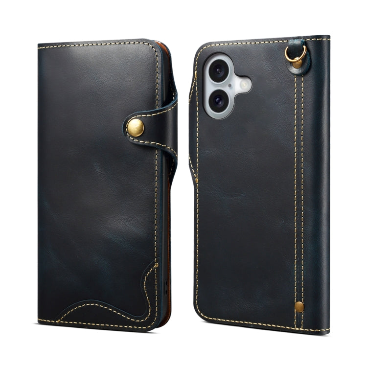 For iPhone 16 Plus Denior B01 Oil Wax Cowhide Magnetic Button Genuine Leather Case(Blue) - iPhone 16 Plus Cases by Denior | Online Shopping South Africa | PMC Jewellery | Buy Now Pay Later Mobicred