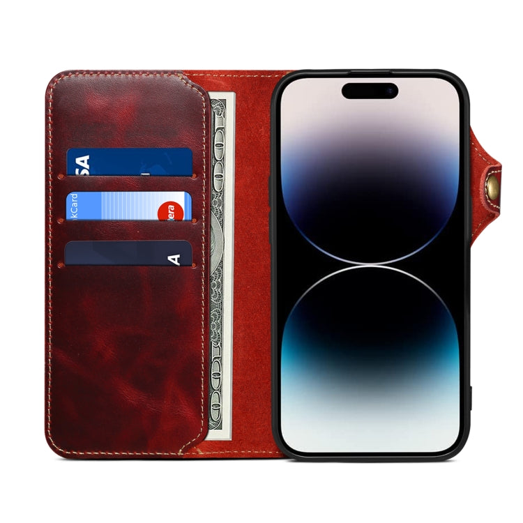 For iPhone 16 Pro Denior B01 Oil Wax Cowhide Magnetic Button Genuine Leather Case(Red) - iPhone 16 Pro Cases by Denior | Online Shopping South Africa | PMC Jewellery | Buy Now Pay Later Mobicred