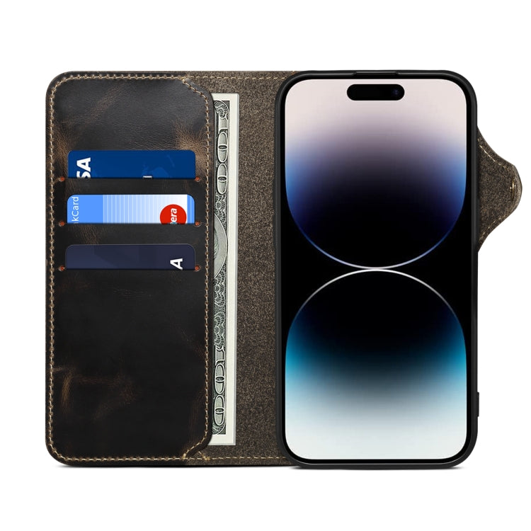 For iPhone 16 Pro Denior B01 Oil Wax Cowhide Magnetic Button Genuine Leather Case(Black) - iPhone 16 Pro Cases by Denior | Online Shopping South Africa | PMC Jewellery | Buy Now Pay Later Mobicred