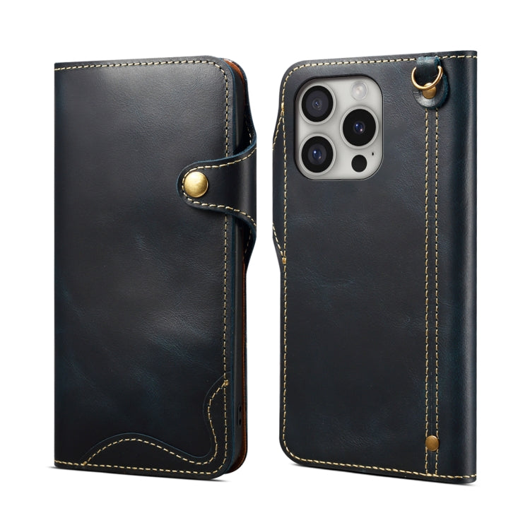 For iPhone 16 Pro Max Denior B01 Oil Wax Cowhide Magnetic Button Genuine Leather Case(Blue) - free shipping - PMC Jewellery - Order now!