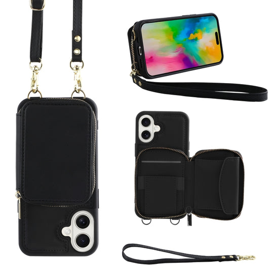 For iPhone 16 Plus Crossbody Zipper Wallet Bag Leather Phone Case with Lanyard(Black) - iPhone 16 Plus Cases by PMC Jewellery | Online Shopping South Africa | PMC Jewellery | Buy Now Pay Later Mobicred