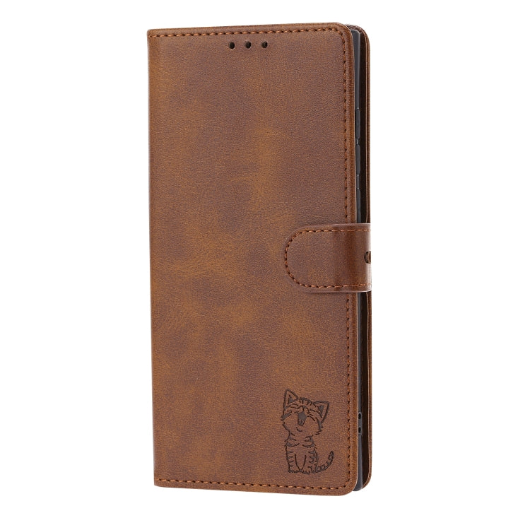 For Samsung Galaxy S25 Ultra 5G Embossed Happy Cat Pattern Flip Leather Phone Case(Brown) - Galaxy S25 Ultra 5G Cases by PMC Jewellery | Online Shopping South Africa | PMC Jewellery | Buy Now Pay Later Mobicred
