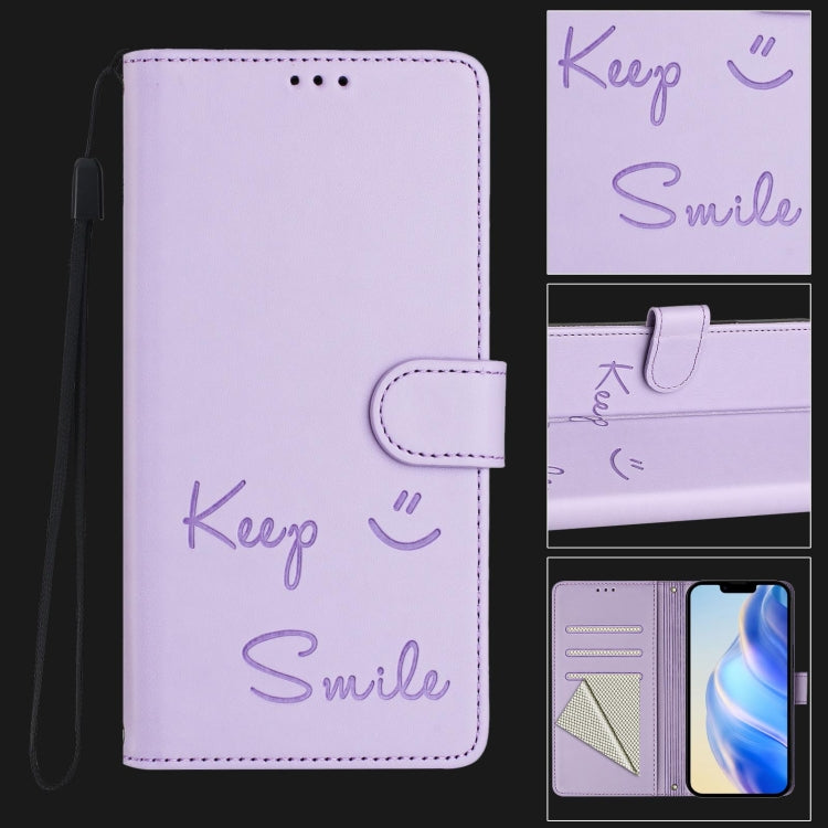For iPhone 16e Smile Embossing RFID Leather Phone Case(Light Purple) - iPhone 16e Cases by PMC TechLife | Online Shopping South Africa | PMC TechLife | Buy Now Pay Later Mobicred
