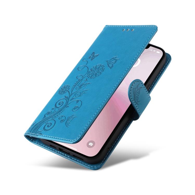 For iPhone 16e Embossed Butterfly Flowers Leather Phone Case(Blue) - iPhone 16e Cases by PMC TechLife | Online Shopping South Africa | PMC TechLife | Buy Now Pay Later Mobicred