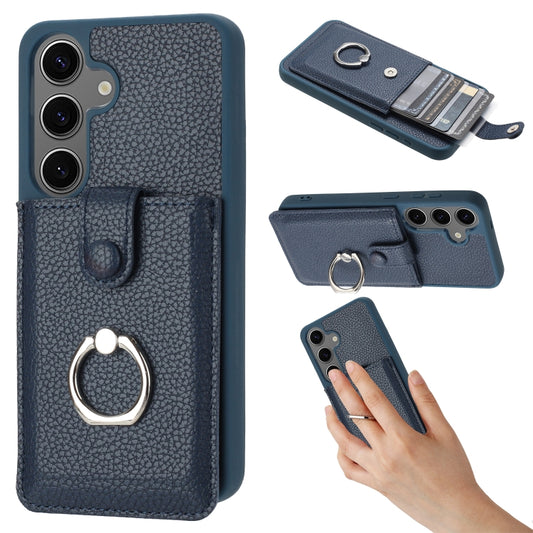 For Samsung Galaxy S25+ 5G Litchi Texture Drawing Card Bag Ring Holder Phone Case(Blue) - Galaxy S25+ 5G Cases by PMC Jewellery | Online Shopping South Africa | PMC Jewellery | Buy Now Pay Later Mobicred