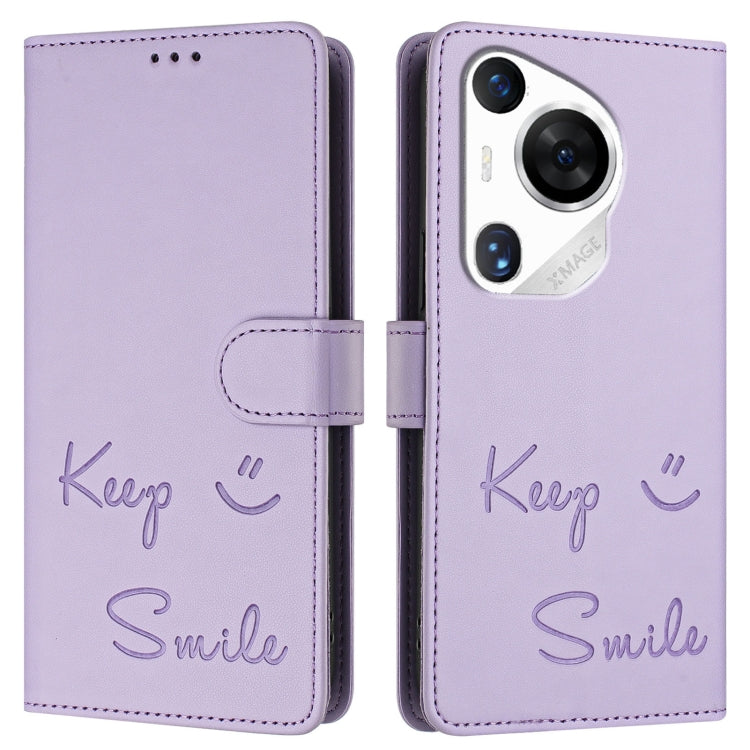 For Huawei Pura 70 Pro Smile Embossing RFID Leather Phone Case(Light Purple) - Huawei Cases by PMC Jewellery | Online Shopping South Africa | PMC Jewellery | Buy Now Pay Later Mobicred