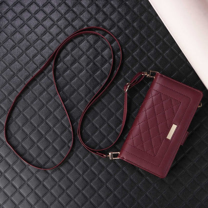 For iPhone 16 Plus Crossbody Zipper Wallet Rhombus Leather Phone Case(Wine Red) - iPhone 16 Plus Cases by PMC Jewellery | Online Shopping South Africa | PMC Jewellery | Buy Now Pay Later Mobicred