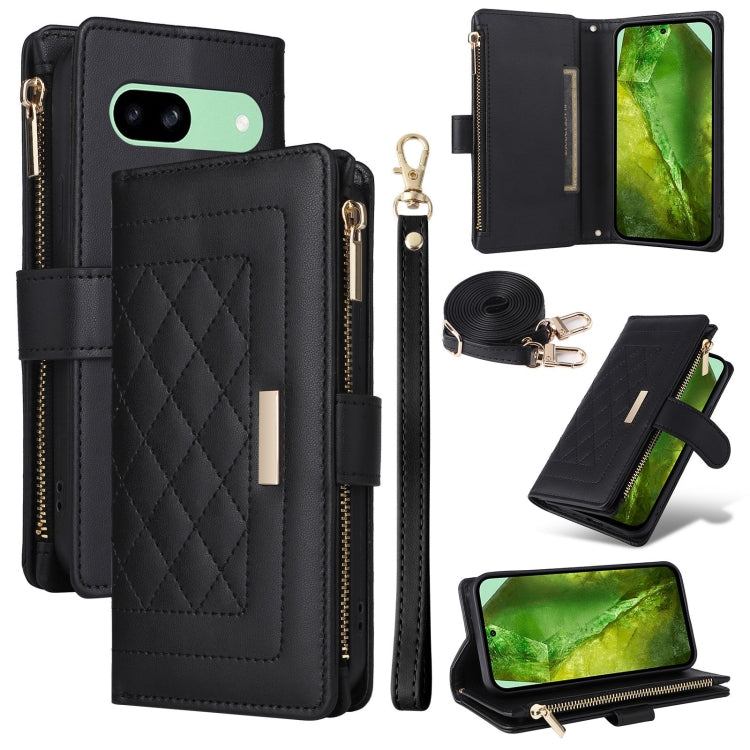For Google Pixel 8a Crossbody Zipper Wallet Rhombus Leather Phone Case(Black) - Google Cases by PMC TechLife | Online Shopping South Africa | PMC TechLife | Buy Now Pay Later Mobicred