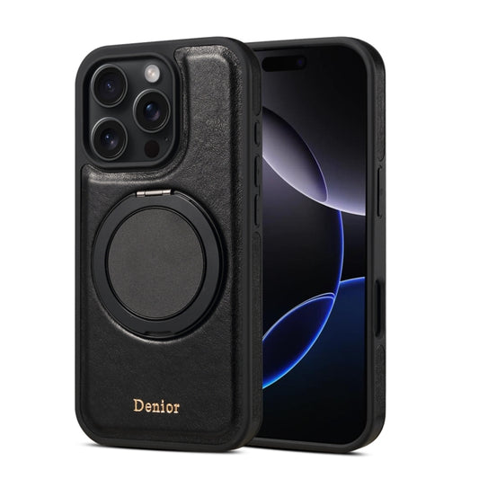 For iPhone 16 Pro Max Denior A17 Genuine Leather Gear Magnetic Holder Phone Case(Black) - iPhone 16 Pro Max Cases by Denior | Online Shopping South Africa | PMC Jewellery | Buy Now Pay Later Mobicred