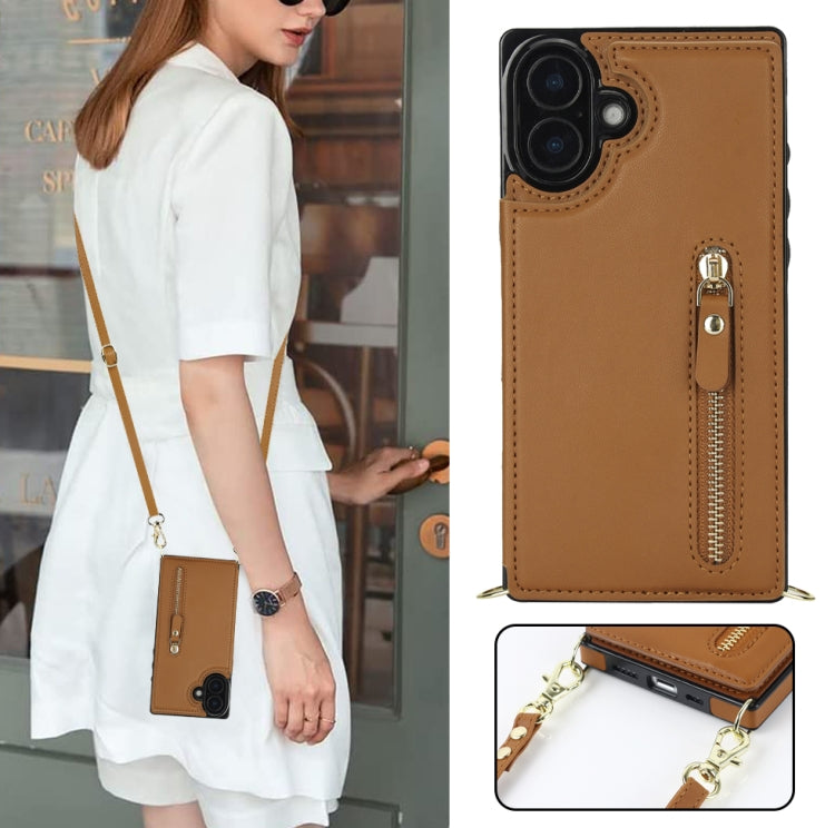 For iPhone 16 Cross-body Zipper Square Phone Case(Brown) - iPhone 16 Cases by PMC Jewellery | Online Shopping South Africa | PMC Jewellery | Buy Now Pay Later Mobicred