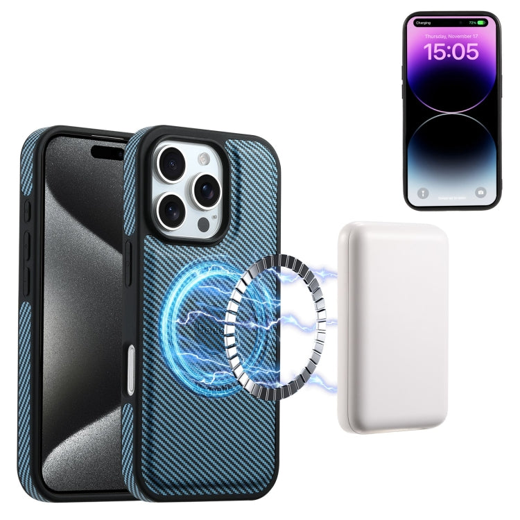 For iPhone 16 Pro Max Denior Carbon Fiber Texture Leather Card Bag MagSafe Phone Case(Blue) - iPhone 16 Pro Max Cases by Denior | Online Shopping South Africa | PMC Jewellery | Buy Now Pay Later Mobicred