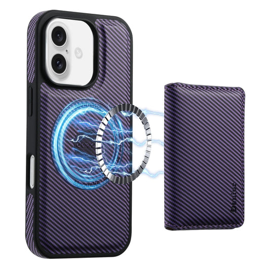 For iPhone 16 Denior Carbon Fiber Texture Leather Card Bag MagSafe Phone Case(Purple) - iPhone 16 Cases by Denior | Online Shopping South Africa | PMC Jewellery | Buy Now Pay Later Mobicred