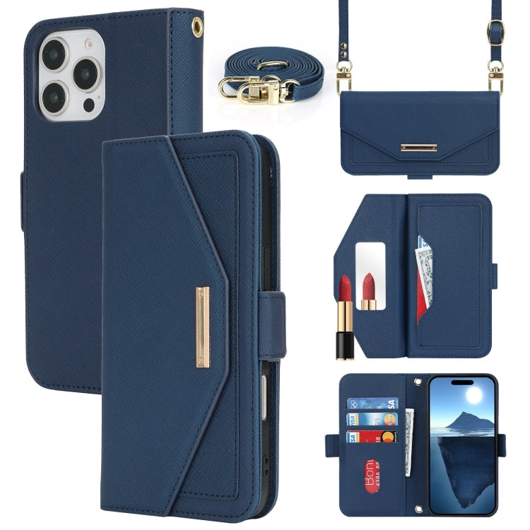 For iPhone 16 Pro Max Cross Texture Crossbody Lanyard Leather Phone Case(Blue) - iPhone 16 Pro Max Cases by PMC Jewellery | Online Shopping South Africa | PMC Jewellery | Buy Now Pay Later Mobicred