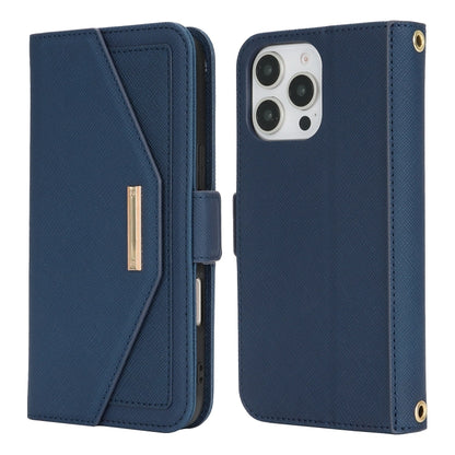 For iPhone 16 Pro Max Cross Texture Crossbody Lanyard Leather Phone Case(Blue) - iPhone 16 Pro Max Cases by PMC Jewellery | Online Shopping South Africa | PMC Jewellery | Buy Now Pay Later Mobicred