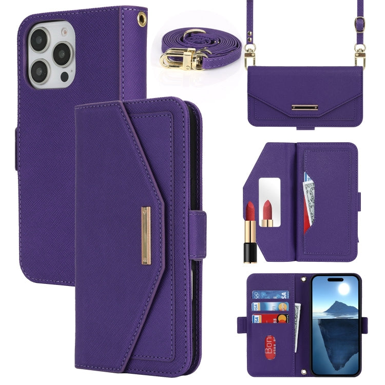 For iPhone 16 Pro Max Cross Texture Crossbody Lanyard Leather Phone Case(Purple) - iPhone 16 Pro Max Cases by PMC Jewellery | Online Shopping South Africa | PMC Jewellery | Buy Now Pay Later Mobicred