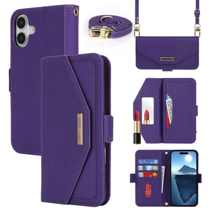 For iPhone 16 Cross Texture Crossbody Lanyard Leather Phone Case(Purple) - iPhone 16 Cases by PMC Jewellery | Online Shopping South Africa | PMC Jewellery | Buy Now Pay Later Mobicred