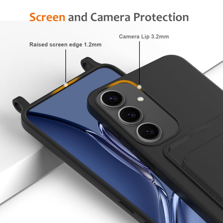 For Samsung Galaxy S25+ 5G Integrated Card Bag Solid Color Liquid Silicone Phone Case with Lanyard(Black) - free shipping - PMC Jewellery - Order now!