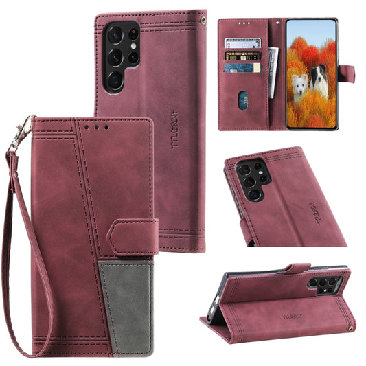 For Samsung Galaxy S25 Ultra 5G TTUDRCH Embossed Line Splicing Leather Phone Case(Wine Red) - Galaxy S25 Ultra 5G Cases by PMC Jewellery | Online Shopping South Africa | PMC Jewellery | Buy Now Pay Later Mobicred