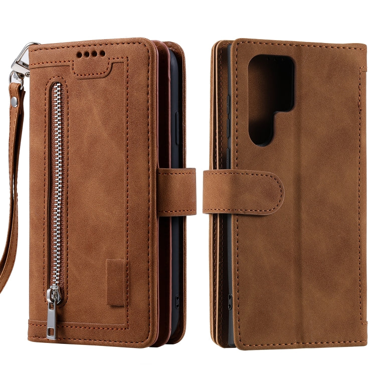 For Samsung Galaxy S25 Ultra 5G Nine Card Zipper Bag Leather Phone Case with Lanyard(Brown) - Galaxy S25 Ultra 5G Cases by PMC Jewellery | Online Shopping South Africa | PMC Jewellery | Buy Now Pay Later Mobicred