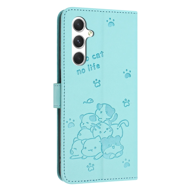 For Samsung Galaxy S25+ / S24+ 5G Embossed Kitten Phone Leather Case with Lanyard(Mint Green) - Galaxy S24+ 5G Cases by PMC Jewellery | Online Shopping South Africa | PMC Jewellery | Buy Now Pay Later Mobicred