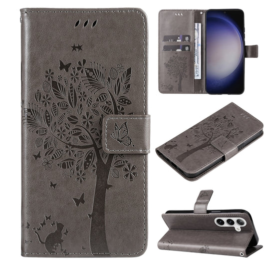 For Samsung Galaxy S25 / S24 5G Tree & Cat Embossed Pattern Flip Leather Phone Case(Grey) - Galaxy S25 5G Cases by PMC Jewellery | Online Shopping South Africa | PMC Jewellery | Buy Now Pay Later Mobicred