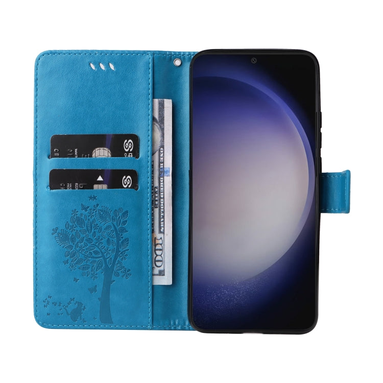For Samsung Galaxy S25+ / S24+ 5G Tree & Cat Embossed Pattern Flip Leather Phone Case(Blue) - free shipping - PMC Jewellery - Order now!