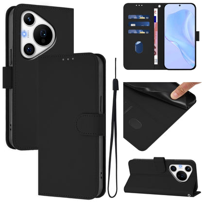 For Huawei Pura 70 Pro / 70 Pro+ Skin Feel Solid Color Leather Phone Case with Lanyard(Black) - Huawei Cases by PMC Jewellery | Online Shopping South Africa | PMC Jewellery | Buy Now Pay Later Mobicred