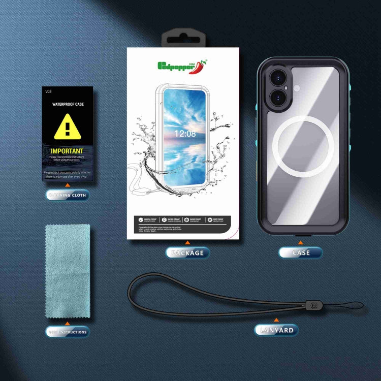 For iPhone 16 RedPepper Transparent Dot IP68 Waterproof Triple-proof MagSafe Phone Case(Black Blue) - iPhone 16 Cases by RedPepper | Online Shopping South Africa | PMC Jewellery | Buy Now Pay Later Mobicred