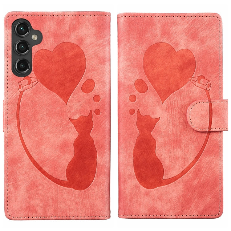 For Samsung Galaxy S25 5G Pen Heart Cat Embossed Leather Phone Case(Orange) - Galaxy S25 5G Cases by PMC Jewellery | Online Shopping South Africa | PMC Jewellery | Buy Now Pay Later Mobicred