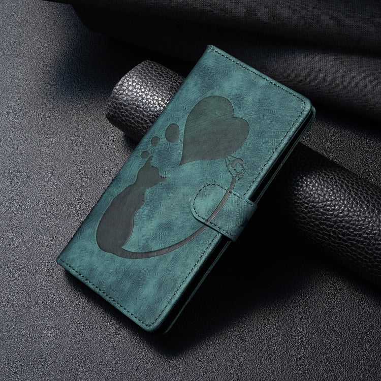 For Samsung Galaxy S25 5G Pen Heart Cat Embossed Leather Phone Case(Green) - Galaxy S25 5G Cases by PMC TechLife | Online Shopping South Africa | PMC TechLife | Buy Now Pay Later Mobicred
