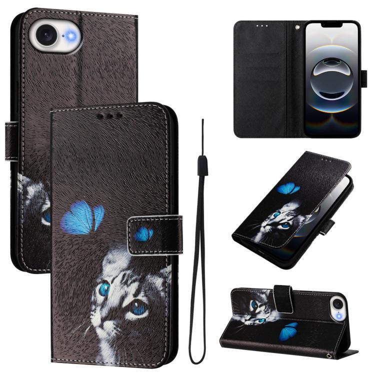 For iPhone 16e Art Colored Drawing Pattern Leather Phone Case(Butterfly cat) - iPhone 16e Cases by PMC TechLife | Online Shopping South Africa | PMC TechLife | Buy Now Pay Later Mobicred