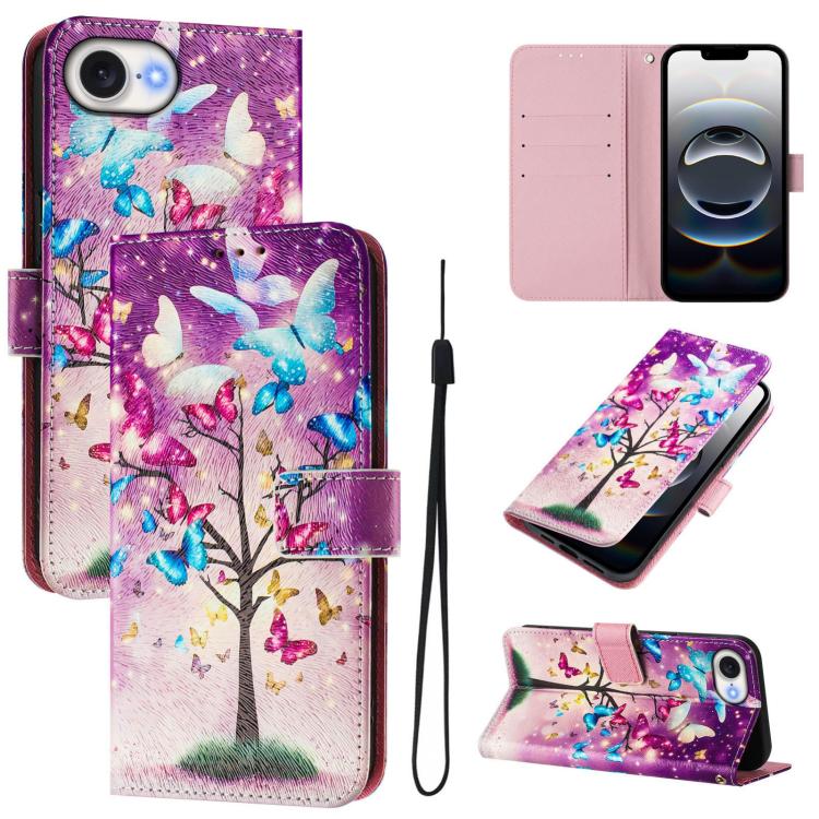 For iPhone 16e Art Colored Drawing Pattern Leather Phone Case(Butterfly branch) - iPhone 16e Cases by PMC TechLife | Online Shopping South Africa | PMC TechLife | Buy Now Pay Later Mobicred