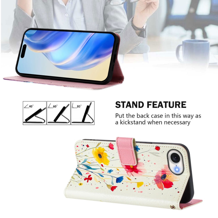 For iPhone 16e Art Colored Drawing Pattern Leather Phone Case(Flowers and plants) - iPhone 16e Cases by PMC TechLife | Online Shopping South Africa | PMC TechLife | Buy Now Pay Later Mobicred