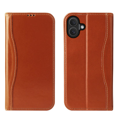 For iPhone 16 Fierre Shann Cowhide Leather Flip Leather Phone Case(Brown) - iPhone 16 Cases by FIERRE SHANN | Online Shopping South Africa | PMC Jewellery | Buy Now Pay Later Mobicred