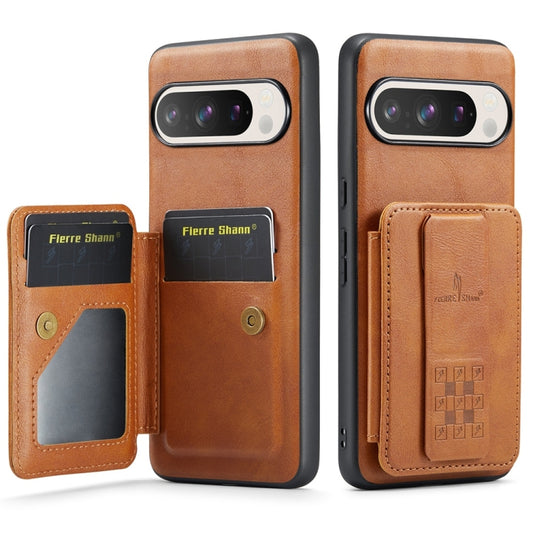 For Google Pixel 9 Pro XL Fierre Shann Oil Wax Cow Leather Card Holder Back Phone Case(Brown) - Google Cases by FIERRE SHANN | Online Shopping South Africa | PMC Jewellery | Buy Now Pay Later Mobicred