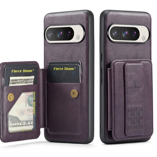 For Google Pixel 9 / 9 Pro Fierre Shann Oil Wax Cow Leather Card Holder Back Phone Case(Purple) - Google Cases by FIERRE SHANN | Online Shopping South Africa | PMC Jewellery | Buy Now Pay Later Mobicred