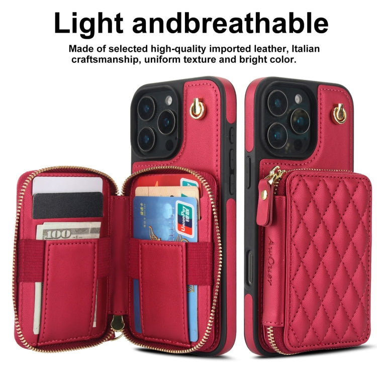 For iPhone 16 Pro Max AwQuer Crossbody Zipper Wallet Rhombic Leather Back Phone Case(Red) - iPhone 16 Pro Max Cases by Awquer | Online Shopping South Africa | PMC Jewellery | Buy Now Pay Later Mobicred