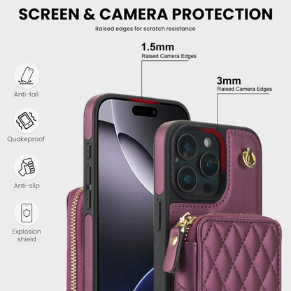 For iPhone 16 Pro Max AwQuer Crossbody Zipper Wallet Rhombic Leather Back Phone Case(Dark Purple) - iPhone 16 Pro Max Cases by Awquer | Online Shopping South Africa | PMC Jewellery | Buy Now Pay Later Mobicred