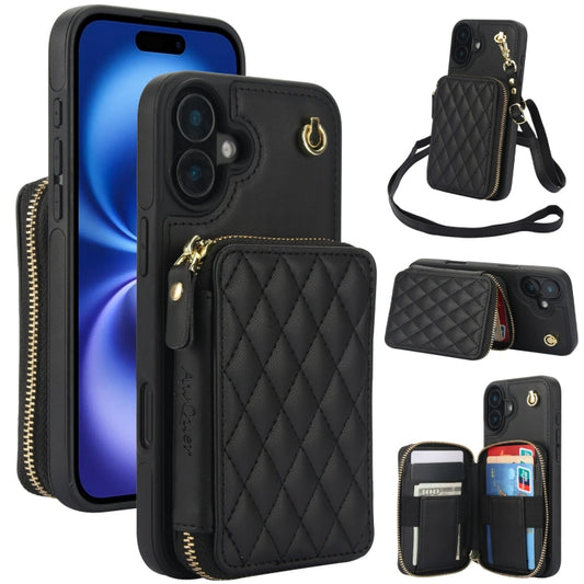 For iPhone 16 Plus AwQuer Crossbody Zipper Wallet Rhombic Leather Back Phone Case(Black) - iPhone 16 Plus Cases by Awquer | Online Shopping South Africa | PMC Jewellery | Buy Now Pay Later Mobicred