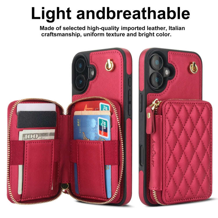 For iPhone 16 Plus AwQuer Crossbody Zipper Wallet Rhombic Leather Back Phone Case(Red) - iPhone 16 Plus Cases by Awquer | Online Shopping South Africa | PMC Jewellery | Buy Now Pay Later Mobicred