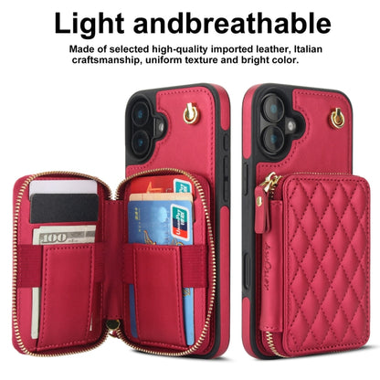 For iPhone 16 AwQuer Crossbody Zipper Wallet Rhombic Leather Back Phone Case(Red) - iPhone 16 Cases by Awquer | Online Shopping South Africa | PMC Jewellery | Buy Now Pay Later Mobicred